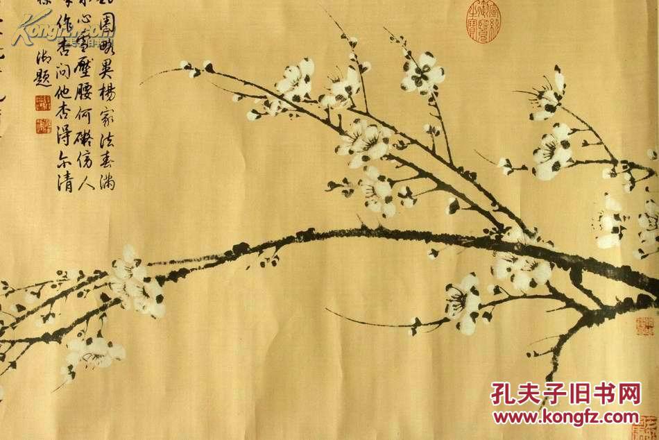 早期木板水印 王冕 白梅图 绢面印制 长120*宽40(cm)