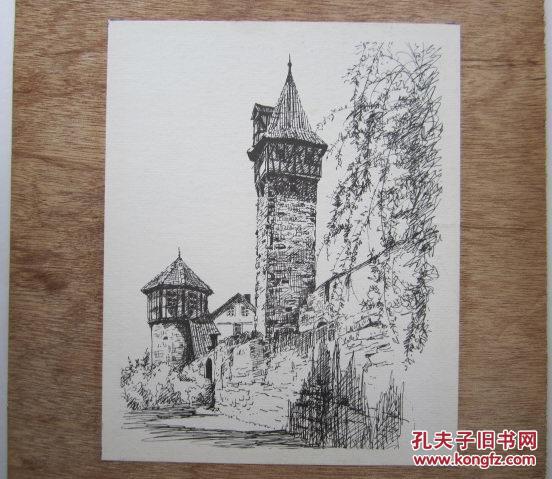 无名氏 钢笔风景素描原稿一张(26x20cm)