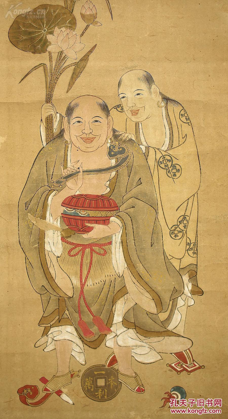 53;清纸本老纸裱【和合二仙】木轴头带桐木盒子