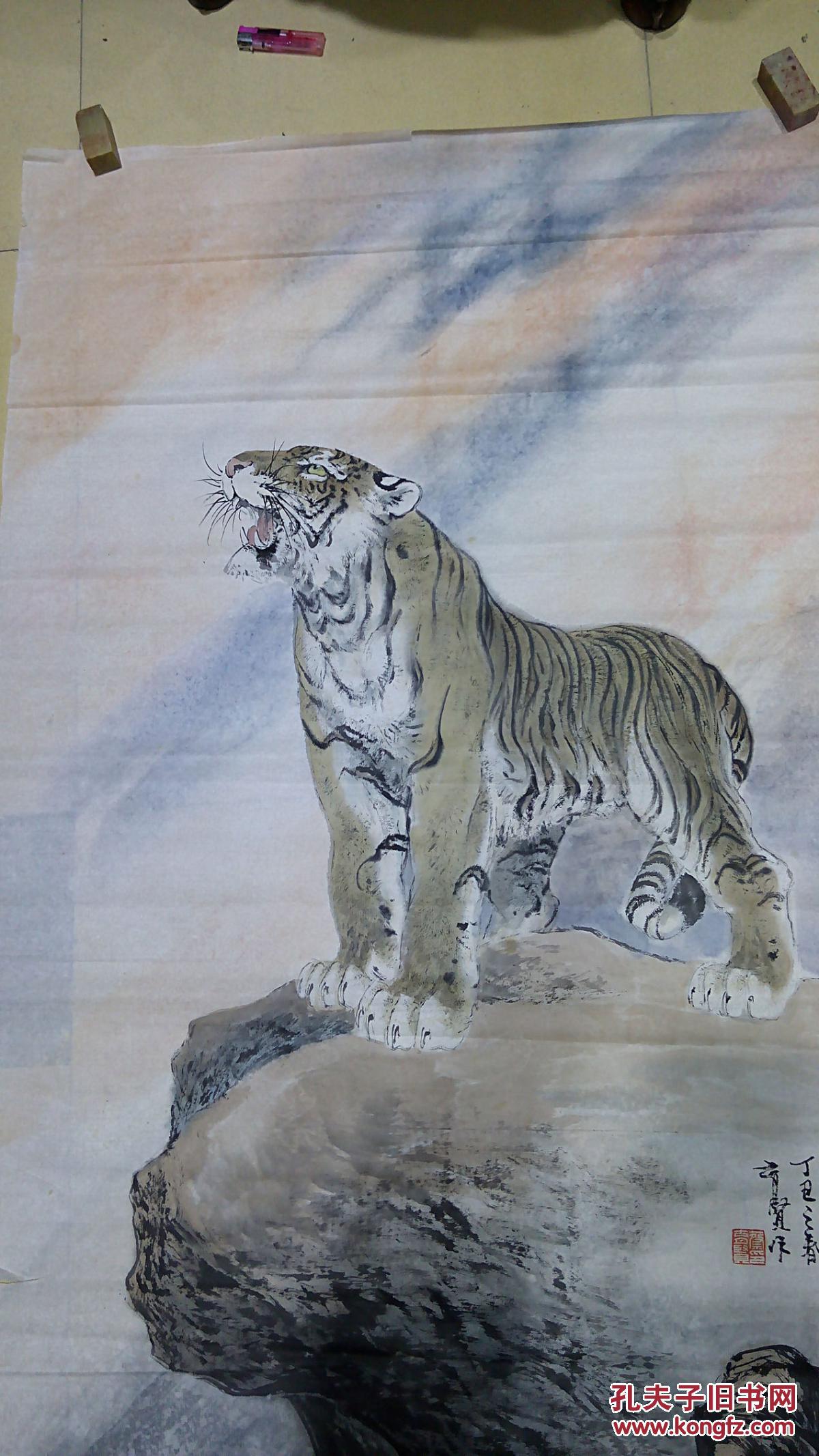 当代著名画虎大家蔡育贤先生精品老虎旭日图包真迹大尺幅