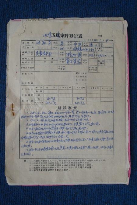 1964年四清五查案件登记表(张能升,登记表附结论处理意见)