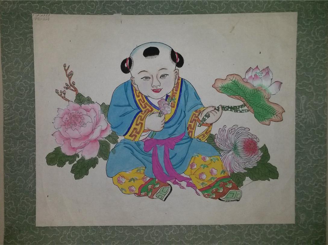 六七十年代杨柳青半印半绘木版年画版画*百花童子*已托裱