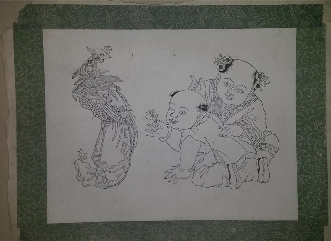 六七十年代杨柳青半印半绘木版年画版画凤凰童子线稿已托裱