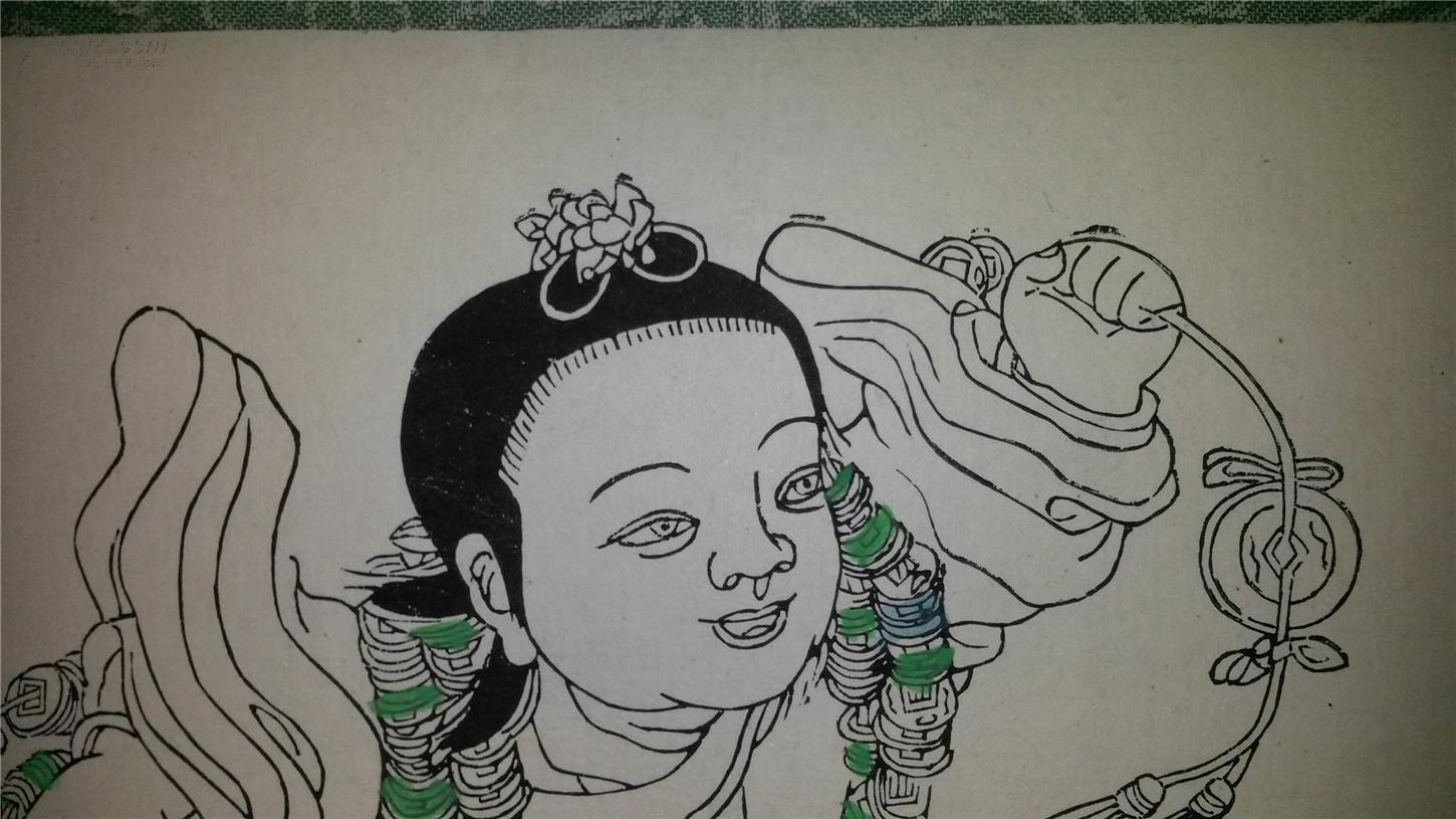 六七十年代杨柳青半印半绘木版年画版画*刘海戏金蟾绿线稿*已托裱
