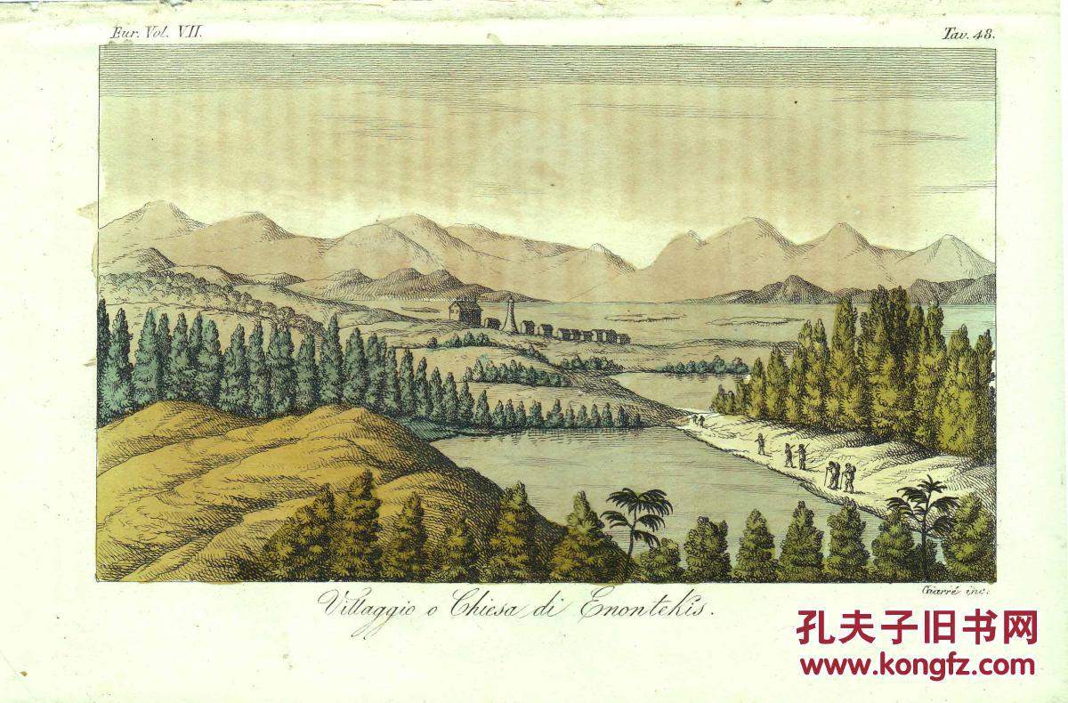 1826年手工上色铜版画《埃农泰基斯的村庄和教堂》,22x14cm