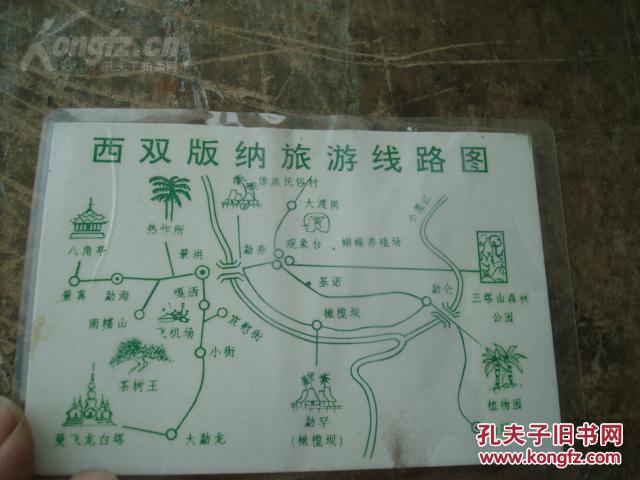 西双版纳旅游线路图(手绘) 带蝴蝶标本 早期 塑封版 云南橄榄坝旅游