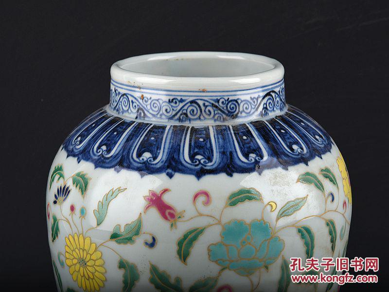 大明宣德年制青花五彩描金缠枝花纹罐 古玩古董古瓷器