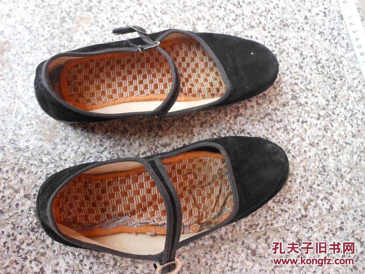 鞋文化旧鞋;布鞋女式一带鞋塑料底平绒黑色235号