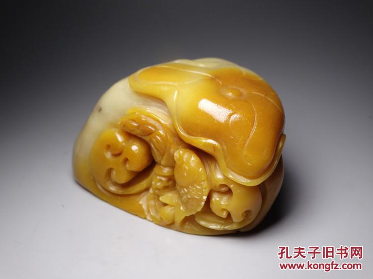 寿山石巧色黄白芙蓉石雕【荷叶鲤鱼】摆件/把件/随型章 寓意【年年有