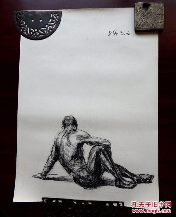 男人躶体人物坐像素描手稿画稿郑州美院