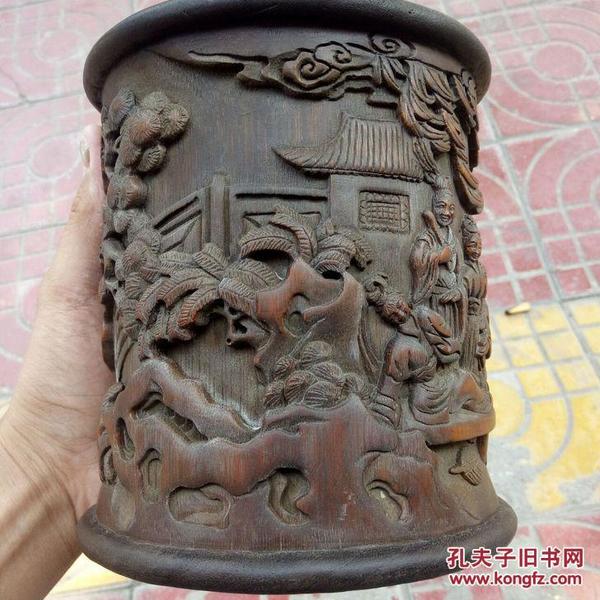 文房笔筒 竹雕笔筒 包邮古玩老竹深浮雕 王纪常史湘云