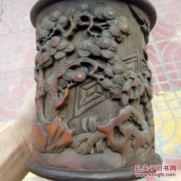 文房笔筒 竹雕笔筒 包邮古玩老竹深浮雕 王纪常史湘云