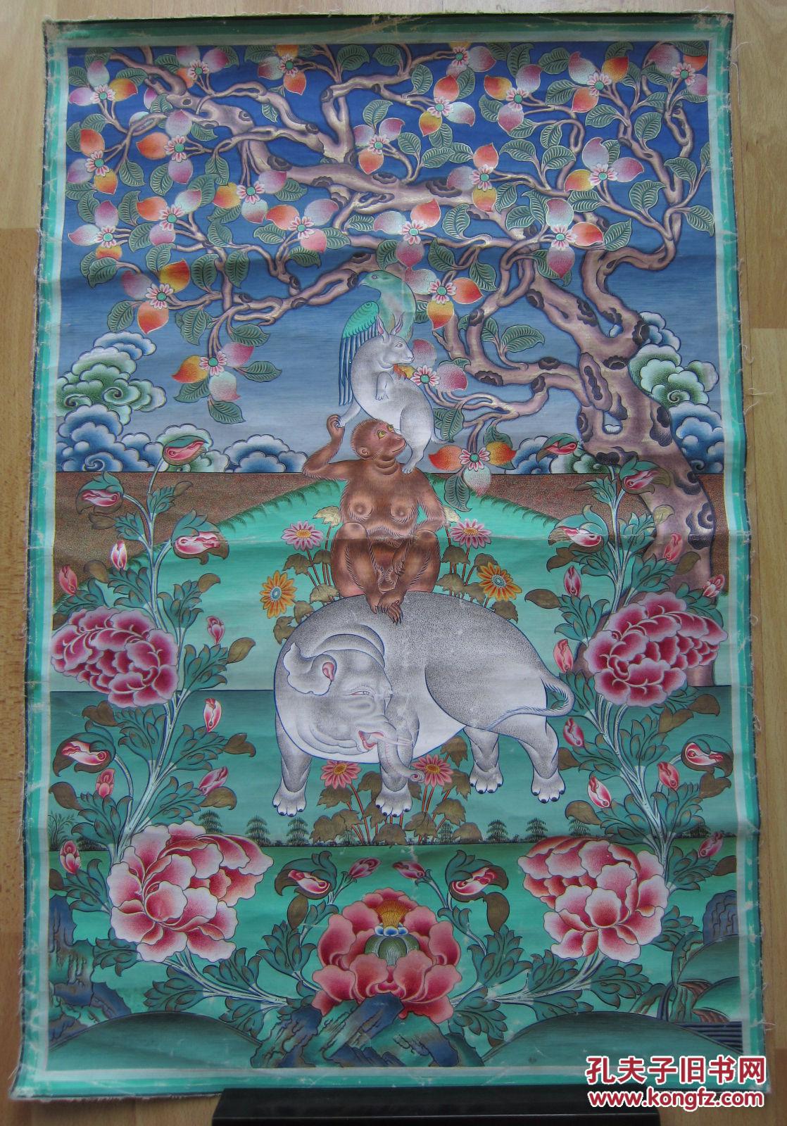 中国初期精品唐卡《四喜图 四祥瑞[松鸡 野兔 猴子 大象(和睦四兽