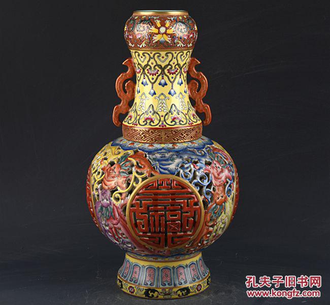 大清乾隆年制珐琅彩描金雕刻镂空福寿龙纹转心瓶古玩古董古瓷器