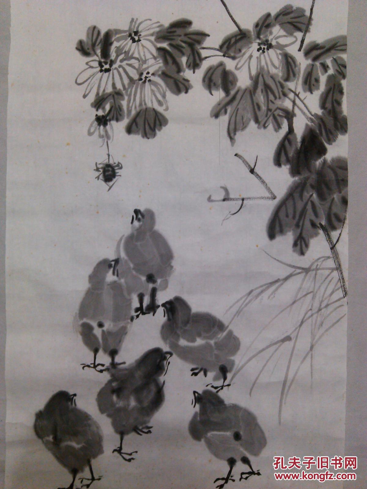 无款国画花鸟画水墨小鸡觅食图