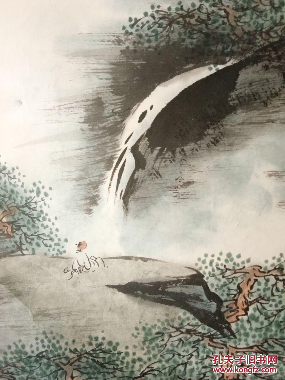 上海著名画家 车鹏飞 四尺对开斗方山水一副 68x68托片