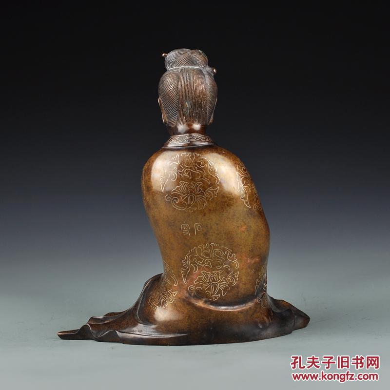 清代 大师石叟款紫铜掐银丝观音菩萨摆件