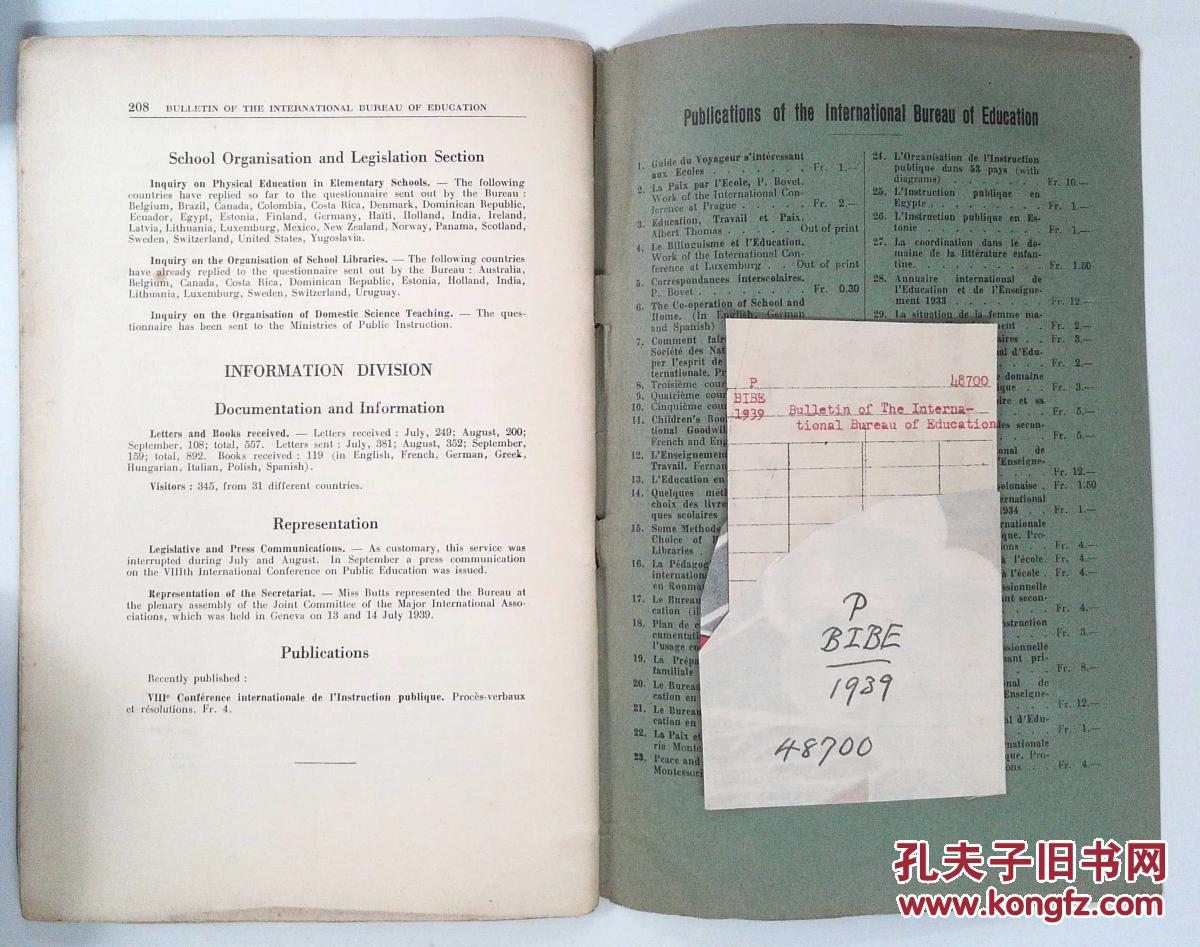【图】1939年英文书籍 《日内瓦国际教育公告