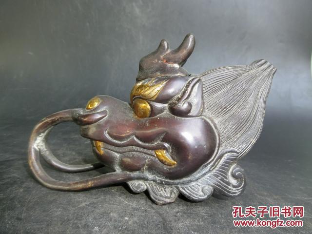 老铜器 紫铜鎏金龙头壶 精工龙头铜壶 铜水壶