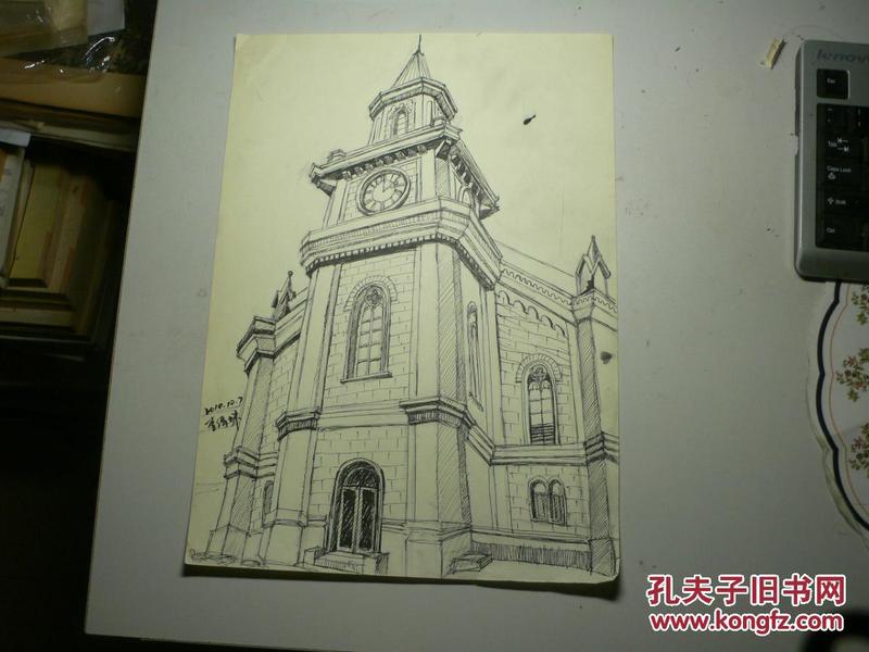 手绘真迹:景物素描《钟楼(天津美院 李倩姝绘)