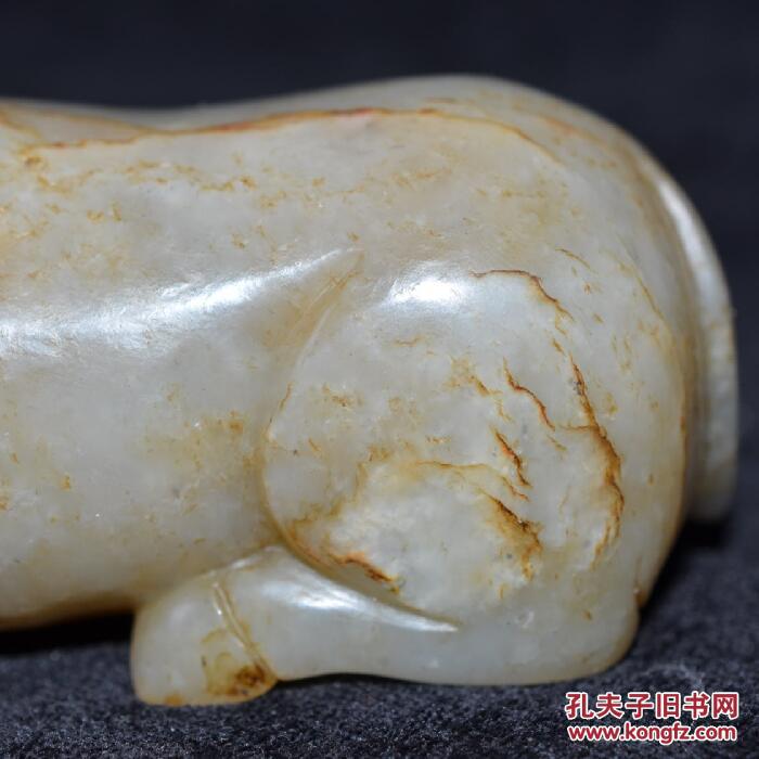 古玩古玉老玉 和田玉 宋代老件沁色玉牛 把件收藏