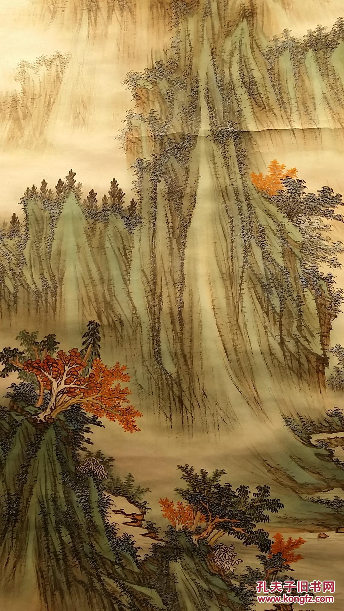 z 510号 纸本台湾山水画大师(萧全鹏)手绘青绿山水人物 中堂 包老包真