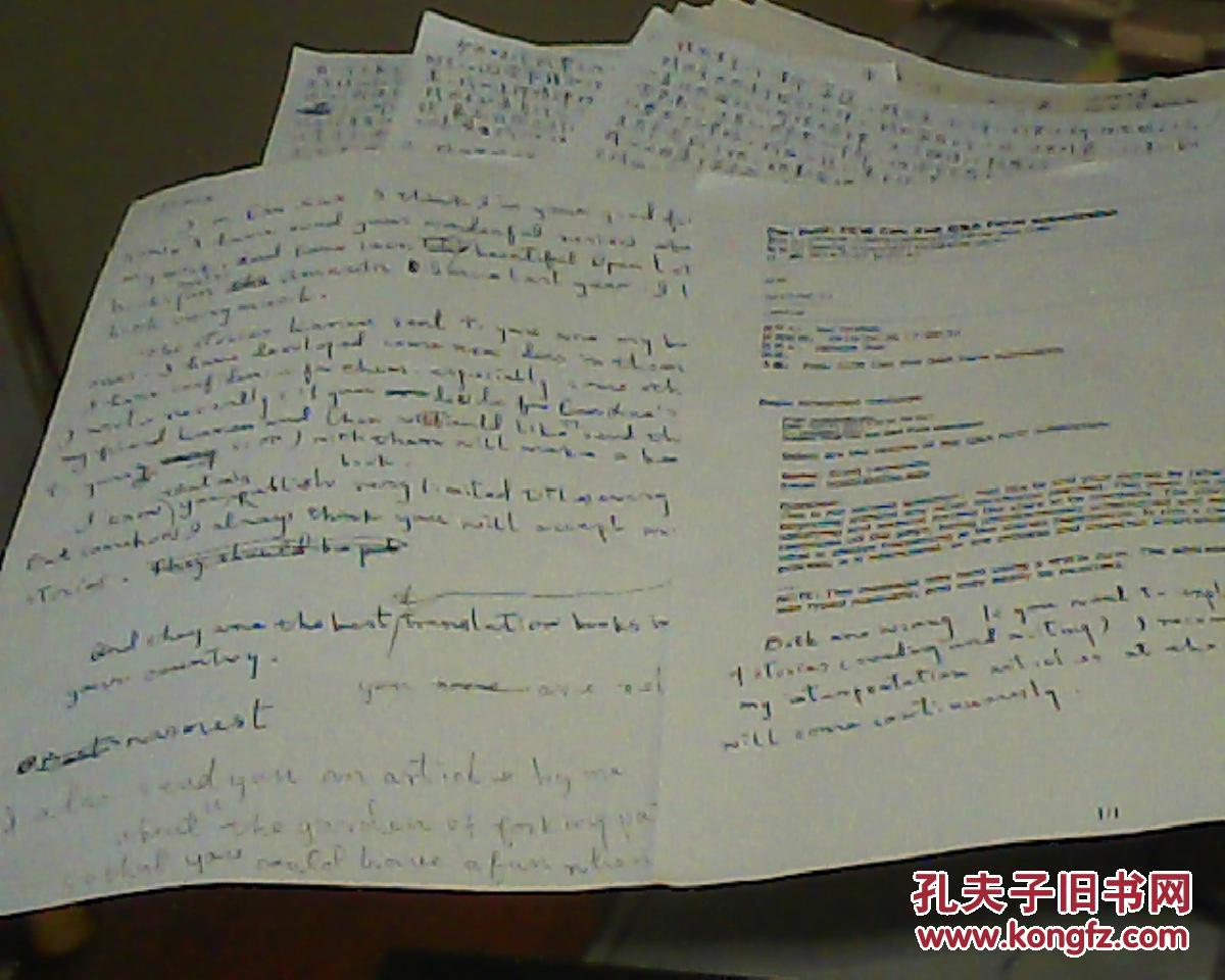 著名女作家残雪写的一封英文信底稿修改稿和外