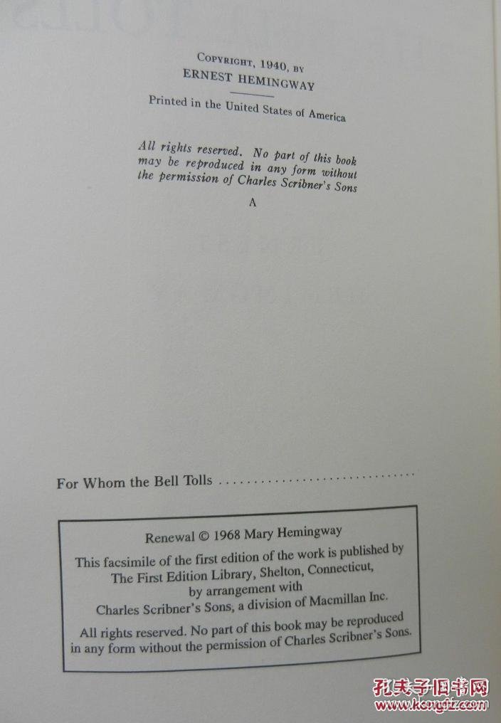 全新英文原版一版一印收藏版《丧钟为谁而鸣》 for whom the bell