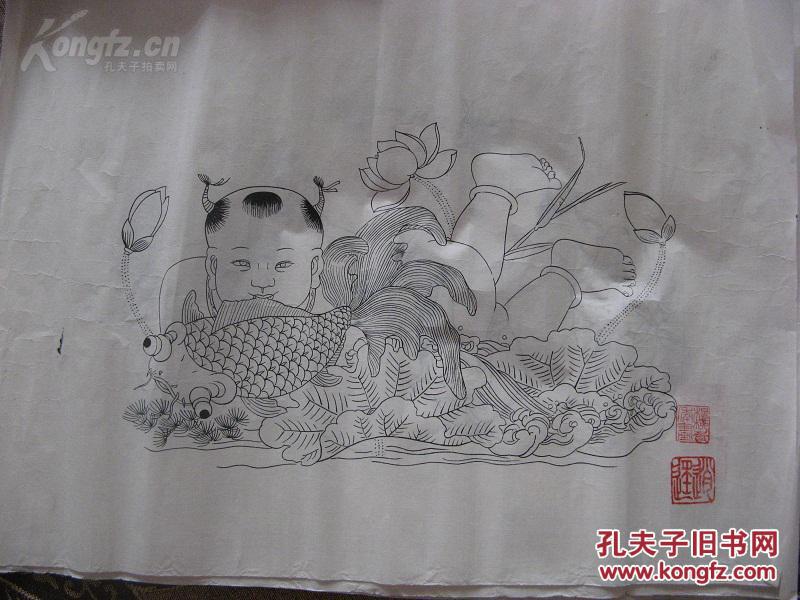 杨柳青木板年画 百子图 线稿四张 宣纸旧拓 非常漂亮