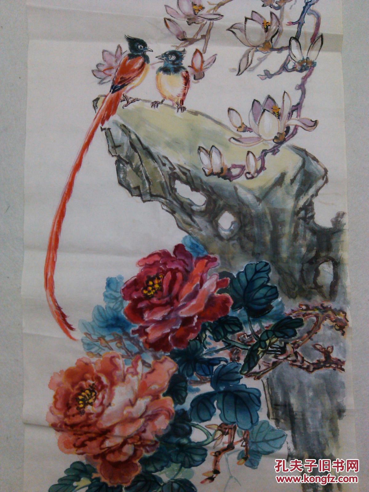 无款国画花鸟画老旧画心牡丹玉兰绶带鸟(本店字画全部