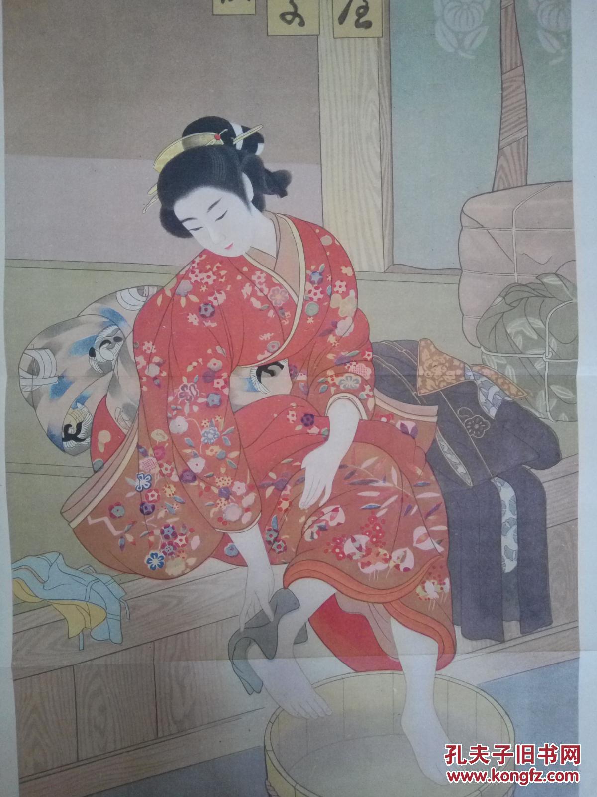 【日本名画印刷品4】大正时期印刷《旅之宿 美人图》大幅53.6x37.