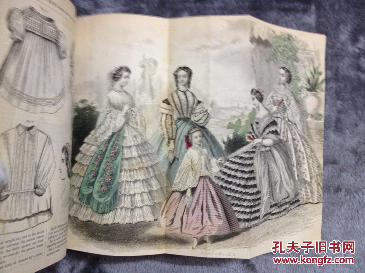 时装杂志 12张手工上色拉页时装版画 12张钢版画 美国南北战争时期