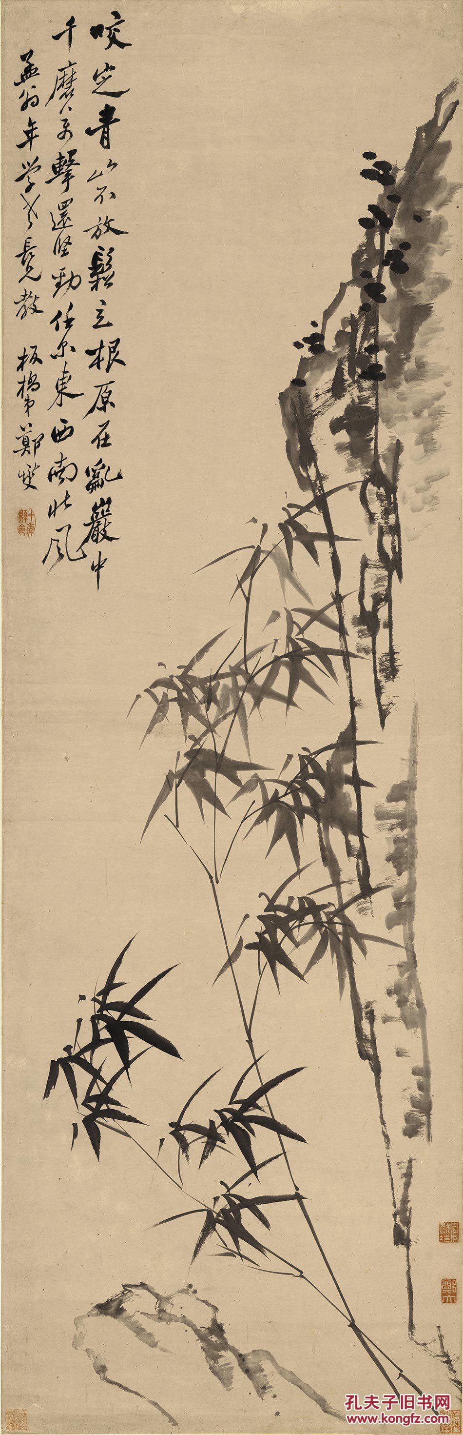 定制 清-郑燮-竹石图轴-51.8x160 国画 花鸟高仿真品