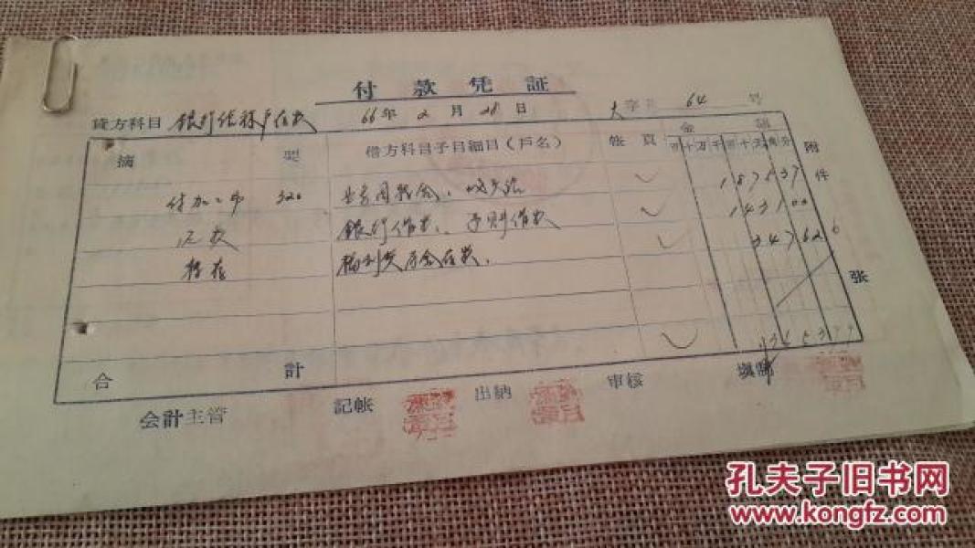 66年2月28日内蒙古清水河粮食局财务付款凭证64号人行