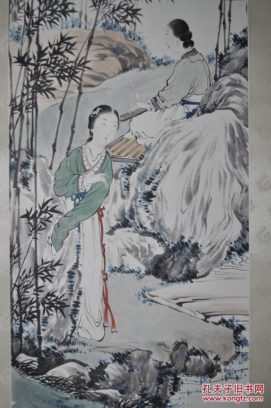 民国画家【潘雅声】竹林仕女图 精裱镜片