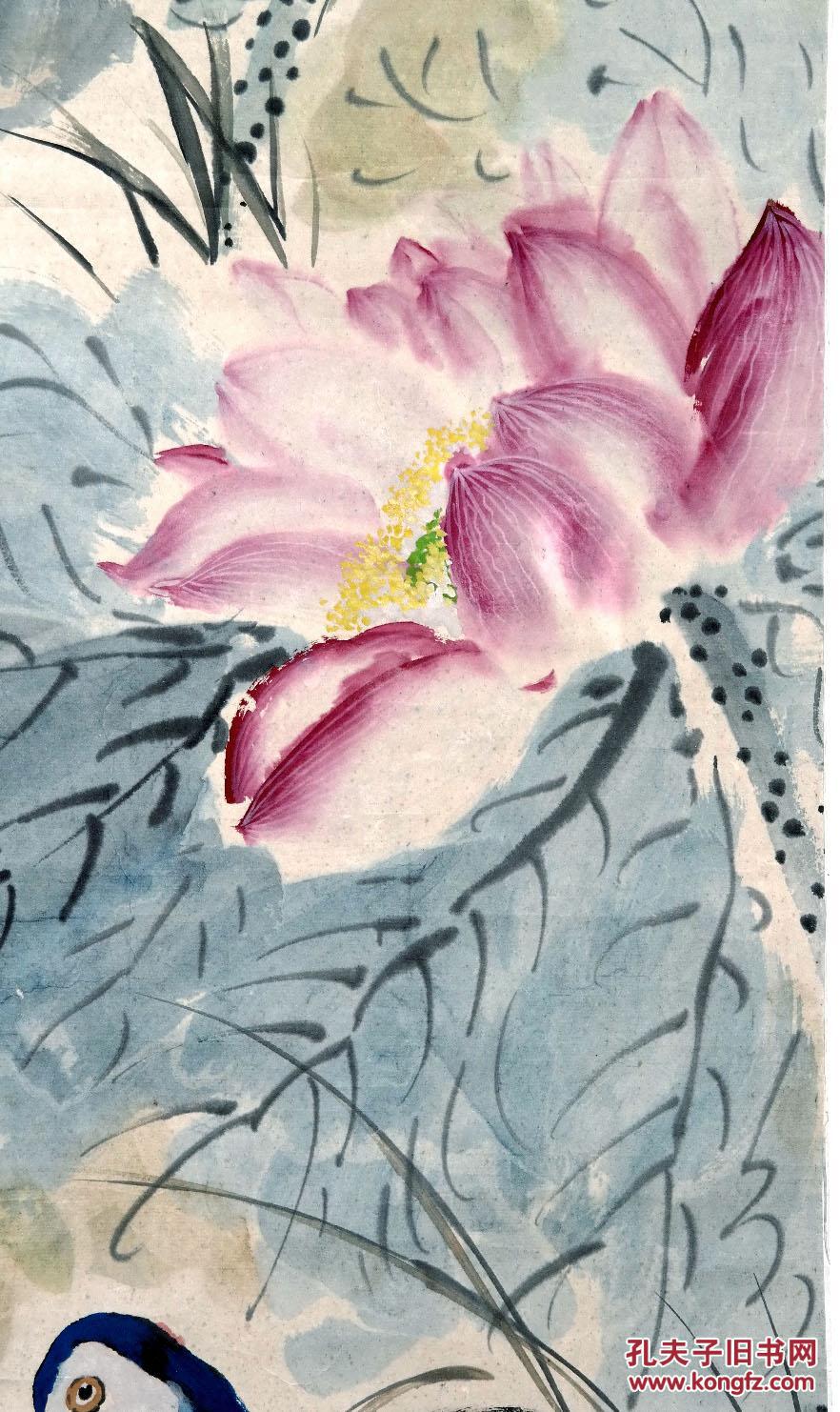 《1953年手绘花鸟画●鸳鸯荷花图》原托老镜心◆近现代"海上画派"名人图片