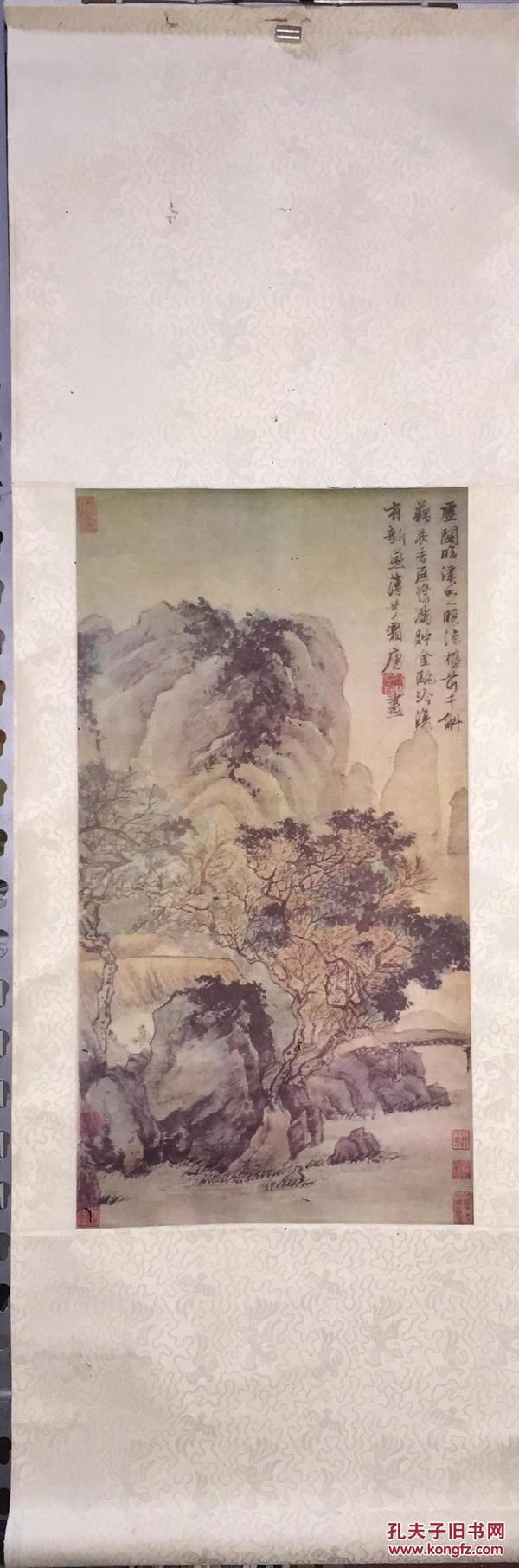 八十年代湖州印刷厂绢画唐伯虎山水装饰品规格55x295立轴