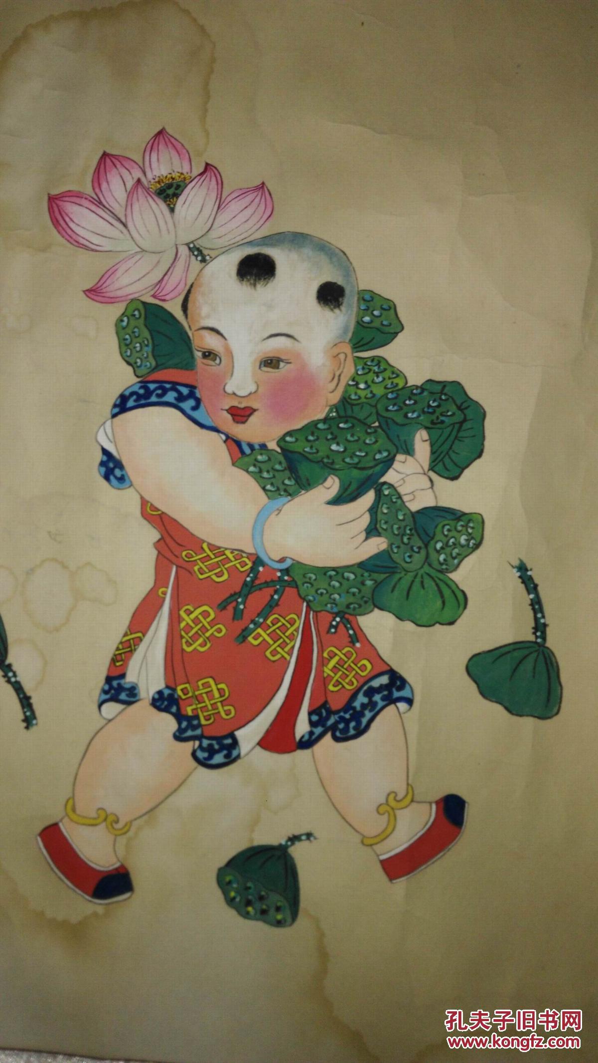 范善意手绘杨柳青年画《五子夺莲》横幅
