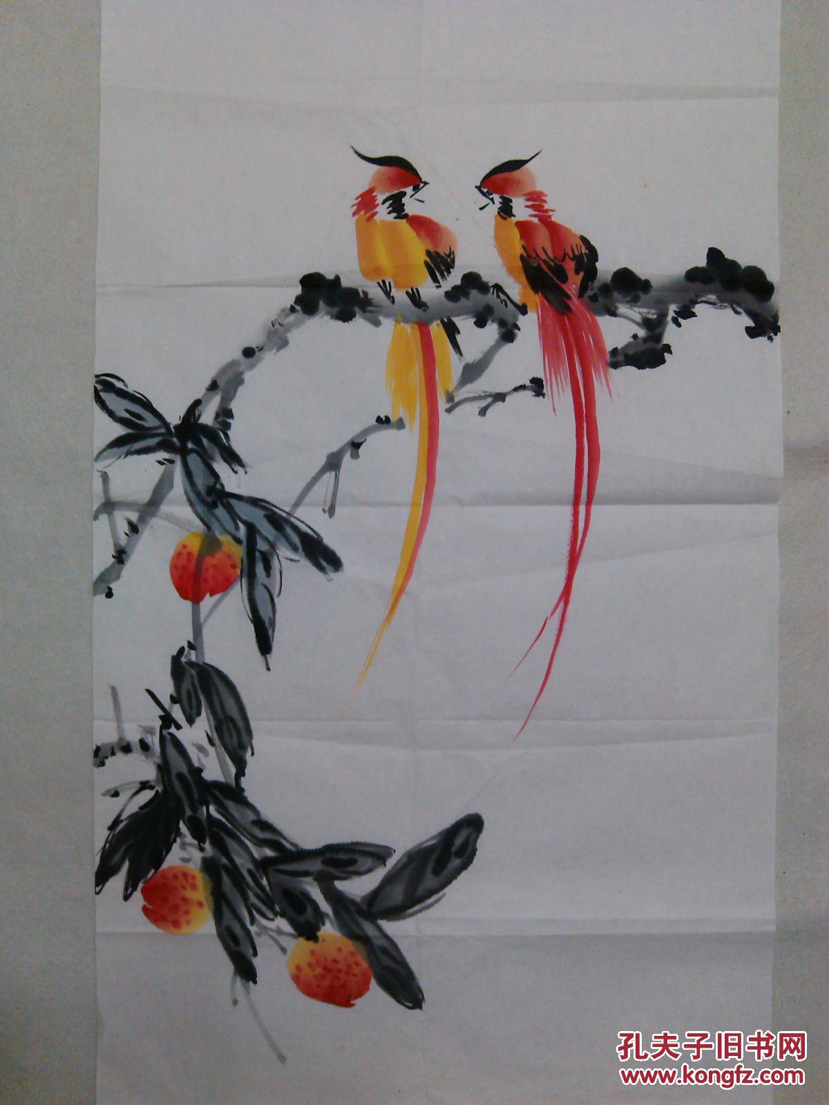 国画花鸟画无款绶带鸟三尺画心
