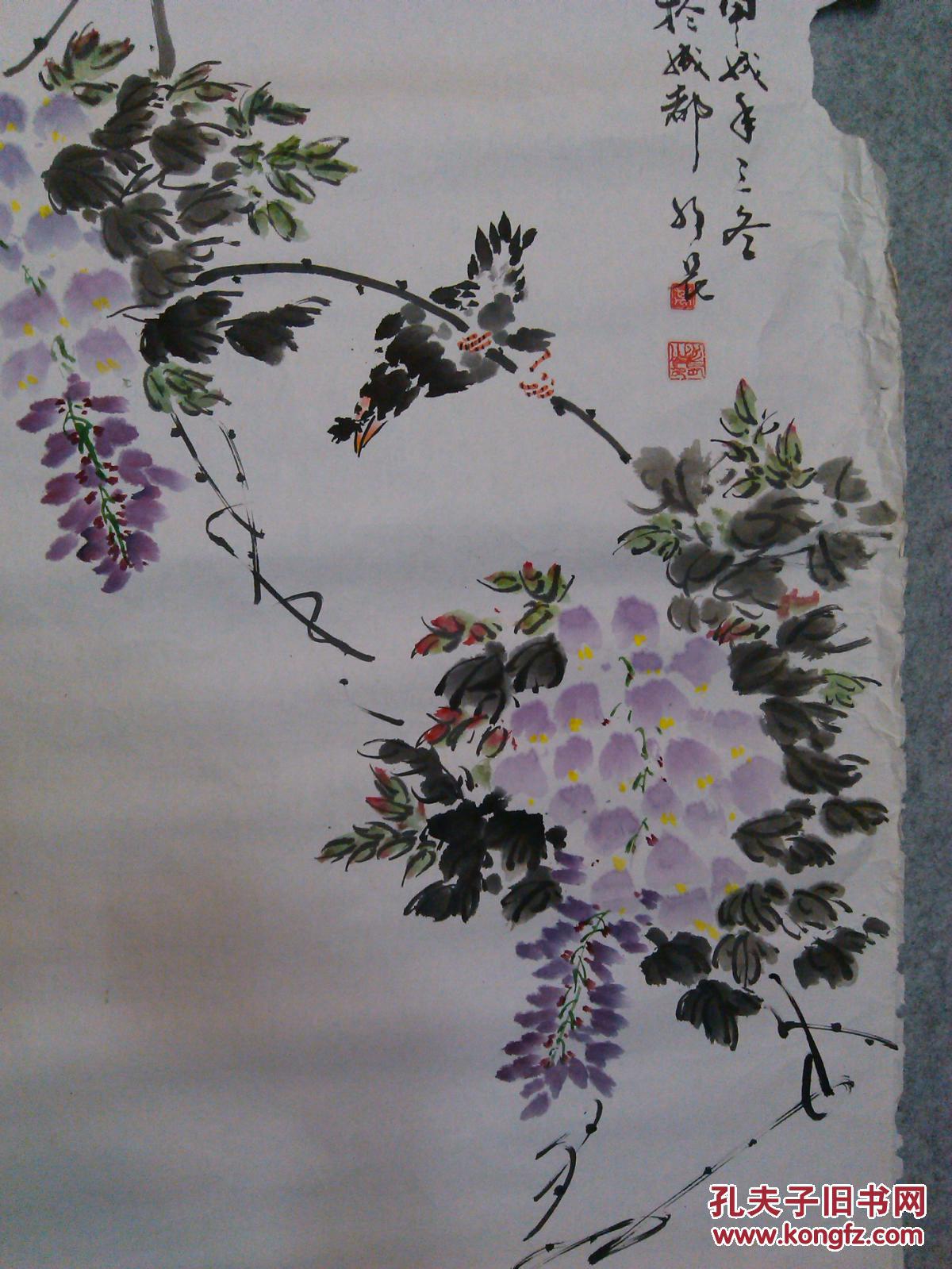 四尺整老旧托片 国画紫藤八哥原稿手绘真迹