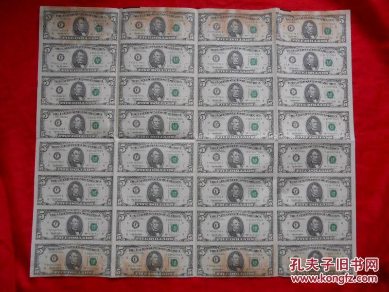 95年版,面值5美元,共160美元,32连体钞,
