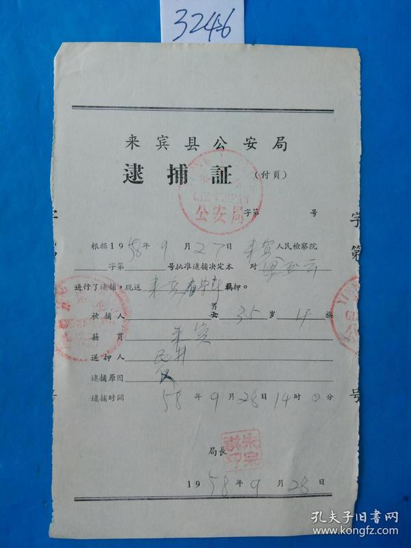 大跃进时期 广西来宾县公安局 逮捕证,逮捕原因(反革命)10