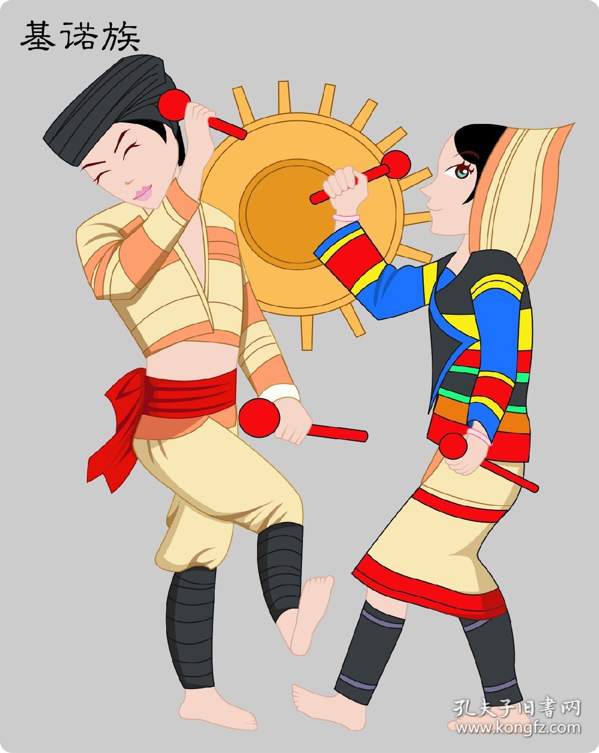 56个少数民族民俗人物服饰服装卡通图案 传统歌舞画 怀旧文艺馆宿舍