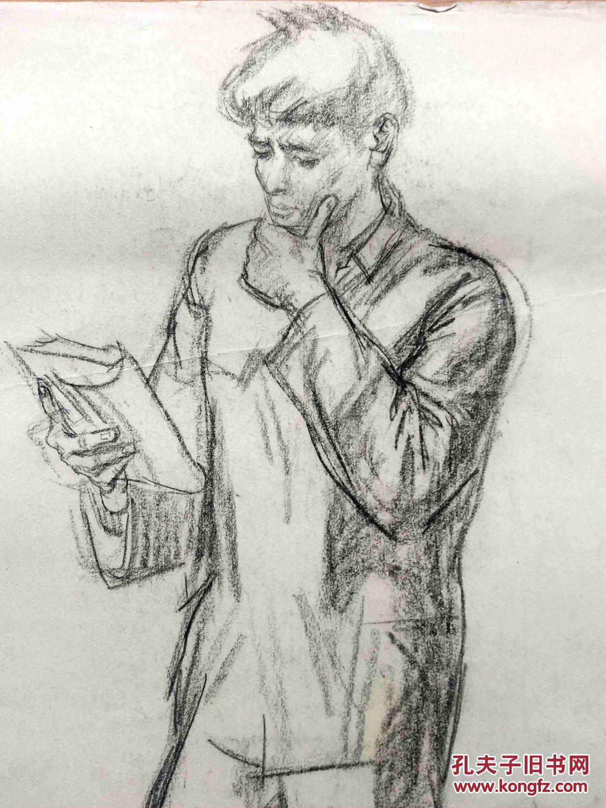 早期大幅木炭条素描速写原稿《读书的男学生 拍品编号:29422016
