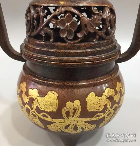 紫铜鎏金熏香炉 紫铜熏香炉 双耳紫铜熏炉