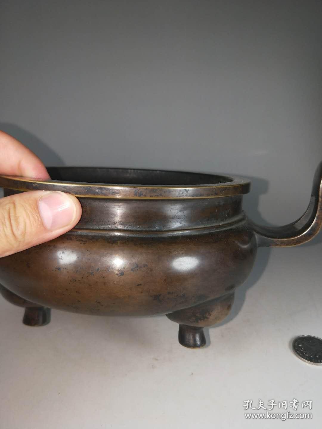 清代中早期朝冠耳铜香炉,包老到代,支持鉴定