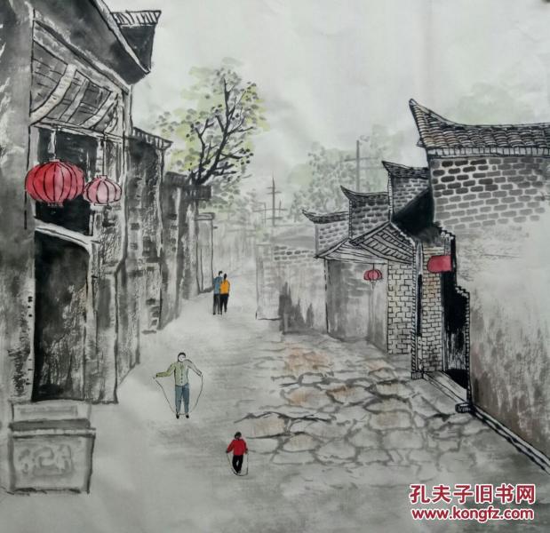 实力派画家泼彩山水画四尺斗方湖山老街图客厅装饰