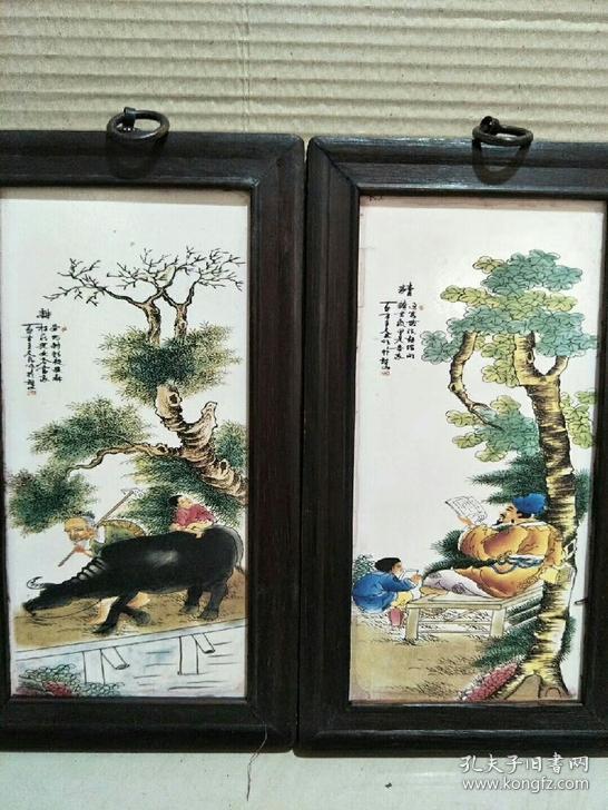 瓷板画挂牌王大凡作品红木镶瓷板粉彩四条屏 渔樵耕读