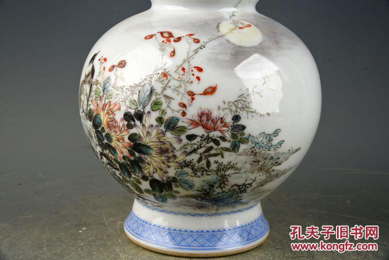 民国时期珠山八友刘雨岑作粉彩花鸟纹葫芦瓶 古玩古董古瓷器