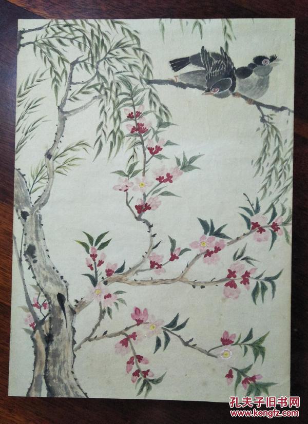 宣纸手绘国画: 柳树桃花小鸟桃红柳绿中国书画【未装裱】  老画心